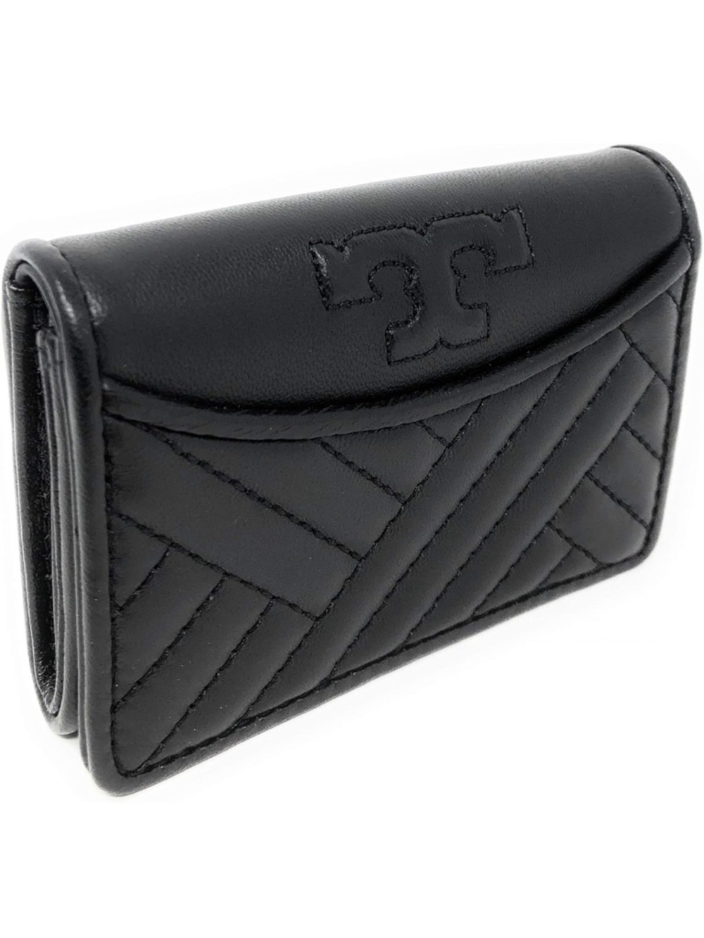 Tory Burch Black Quilted Leather Card Wallet with Logo